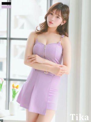 タイト ミニドレス 谷間 セットアップ ストレッチ キャミソール ジップ ウエストベルト アシメプリーツ キャバドレス (上ノ堀結愛着用)