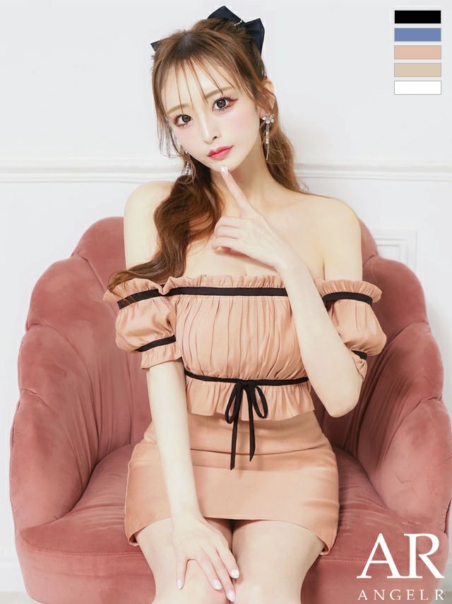 キャバドレス ミニドレス Angel-R エンジェルアール 高級 2way オフショルダー ギャザー リボン ガーリー フレアミニドレス