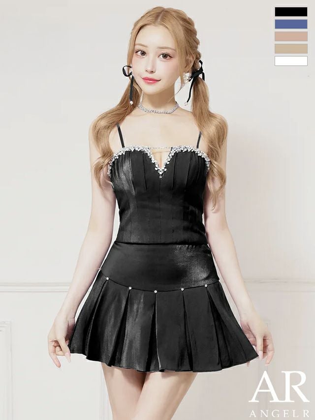 キャバドレス ミニドレス Angel-R エンジェルアール 高級 2way ベアトップ リボンキャミソール セットアップ ビジューパール プリーツ フレアミニドレス