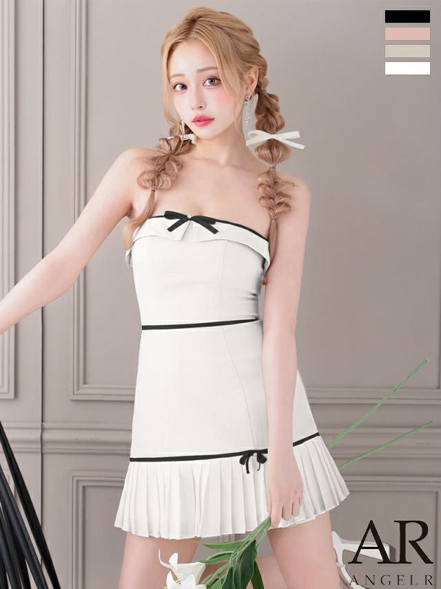 キャバドレス ミニドレス Angel-R エンジェルアール 高級 2way ベアトップ キャミソール リボン バイカラー プリーツ フレアミニドレス