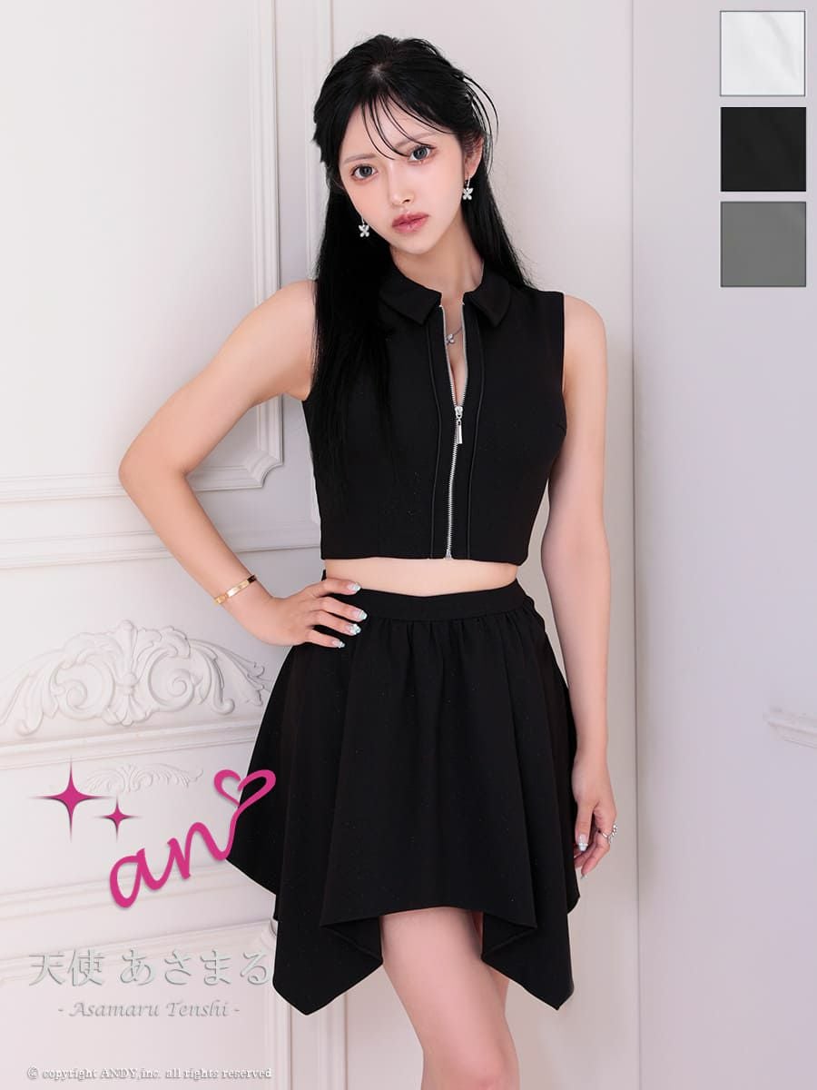 キャバドレス An アン 高級 ノースリーブ ワンカラー セットアップ ジップデザイン 襟付き アシンメトリー フレア ミニドレス