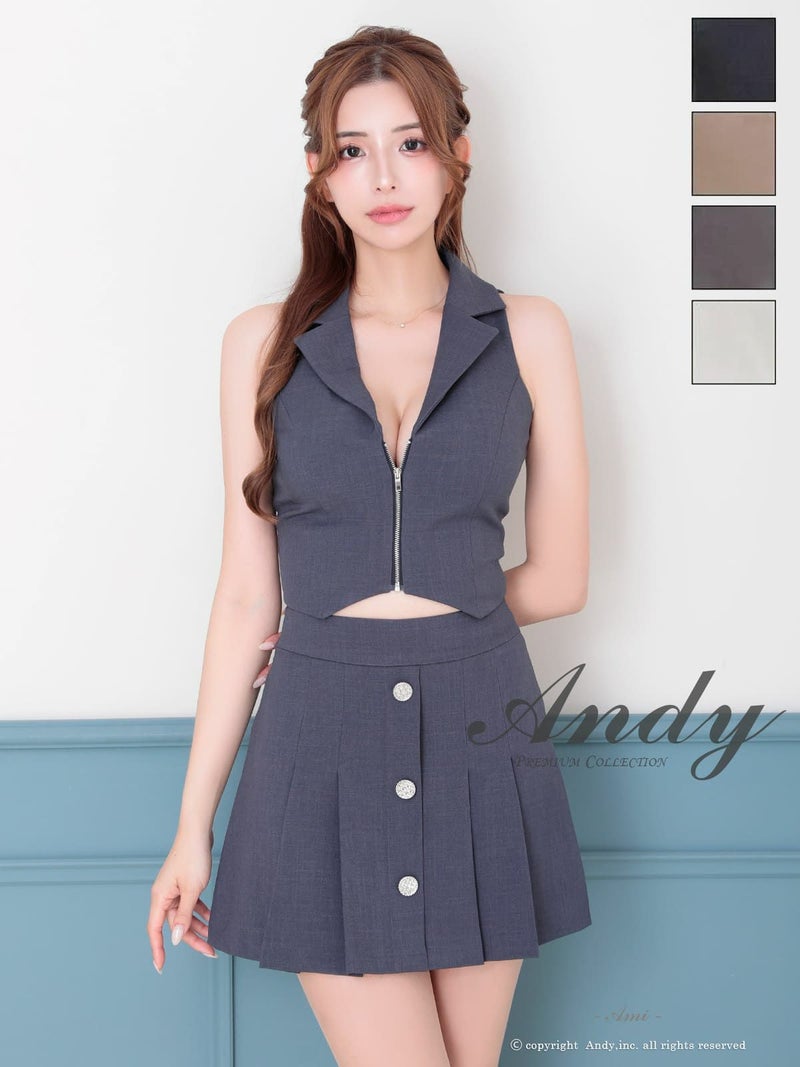 キャバドレス Andy アンディ  高級 ノースリーブ 襟付き プリーツ ジップ ワンカラー セットアップ フレアミニドレス