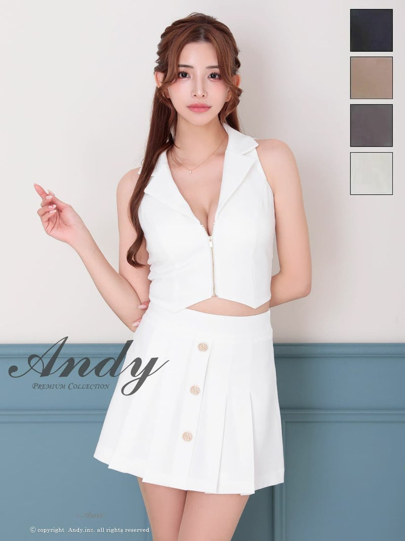 キャバドレス Andy アンディ  高級 ノースリーブ 襟付き プリーツ ジップ ワンカラー セットアップ フレアミニドレス