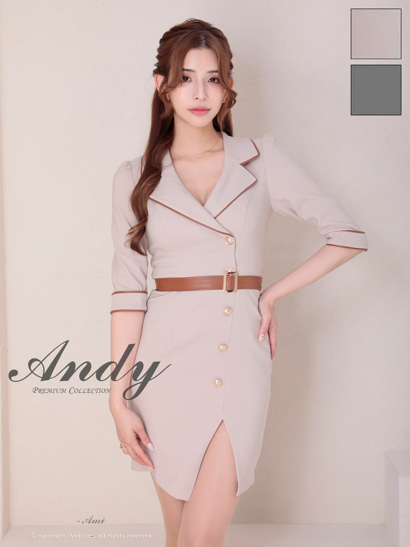 キャバドレス Andy アンディ 　高級 袖あり 五分袖 襟付き スリット ウエストベルト 谷間 タイトミニドレス