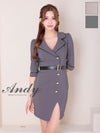 キャバドレス Andy アンディ 　高級 袖あり 五分袖 襟付き スリット ウエストベルト 谷間 タイトミニドレス