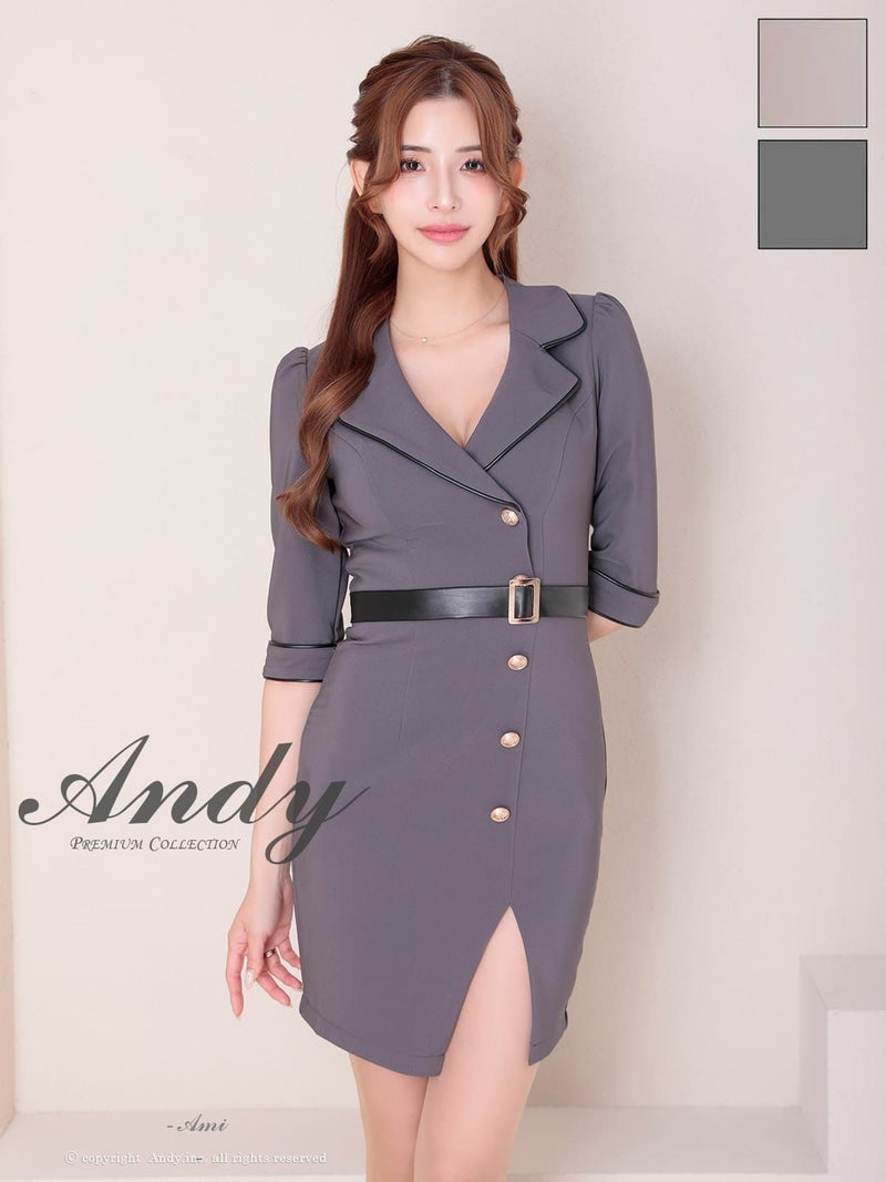 キャバドレス Andy アンディ 　高級 袖あり 五分袖 襟付き スリット ウエストベルト 谷間 タイトミニドレス