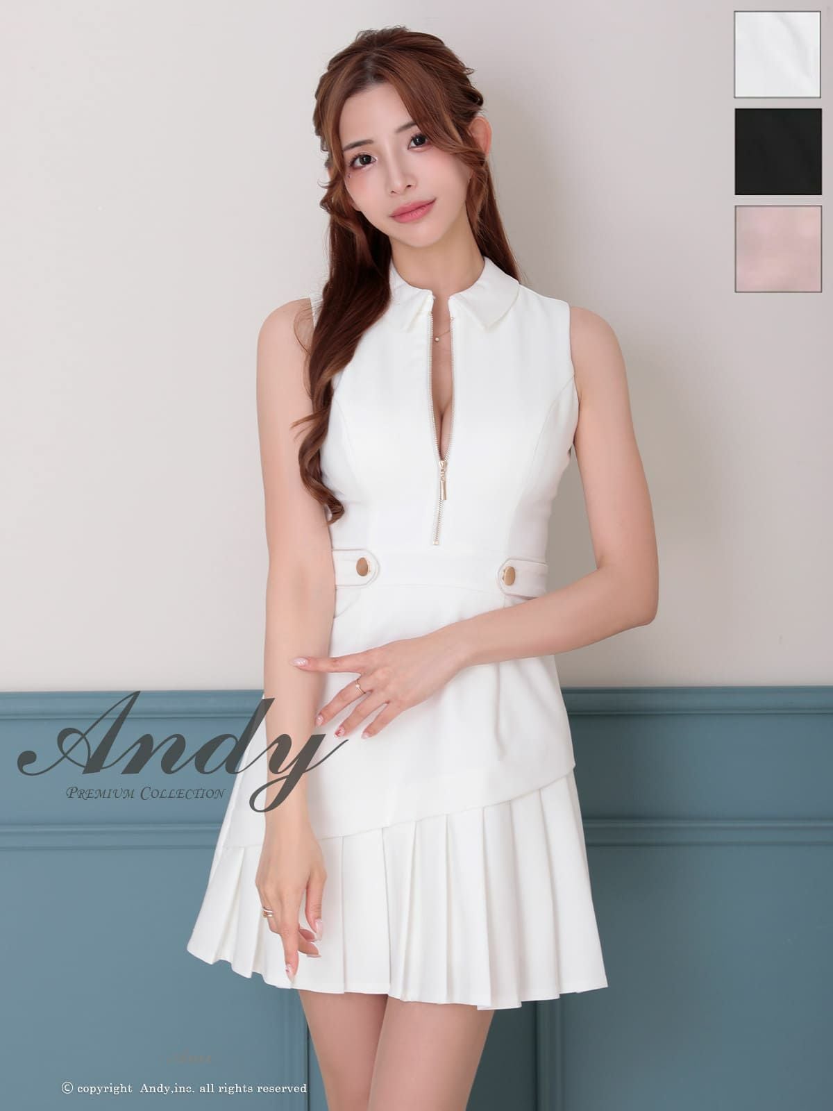 キャバドレス Andy アンディ 　高級 ノースリーブ 襟付き ジップ ジップデザイン ゴールドボタン ワンカラー プリーツ フレアミニドレス