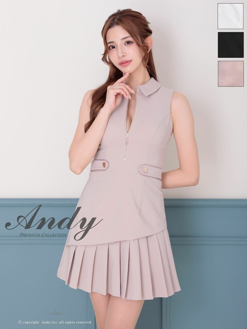 キャバドレス Andy アンディ 　高級 ノースリーブ 襟付き ジップ ジップデザイン ゴールドボタン ワンカラー プリーツ フレアミニドレス