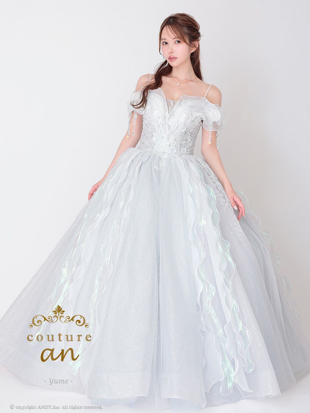 キャバドレス couture an クチュール アン 高級 肩あき ビジュー パール ラメチュール オーガンジー バースデー Aラインロングドレス