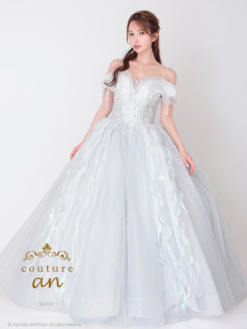 キャバドレス couture an クチュール アン 高級 肩あき ビジュー パール ラメチュール オーガンジー バースデー Aラインロングドレス