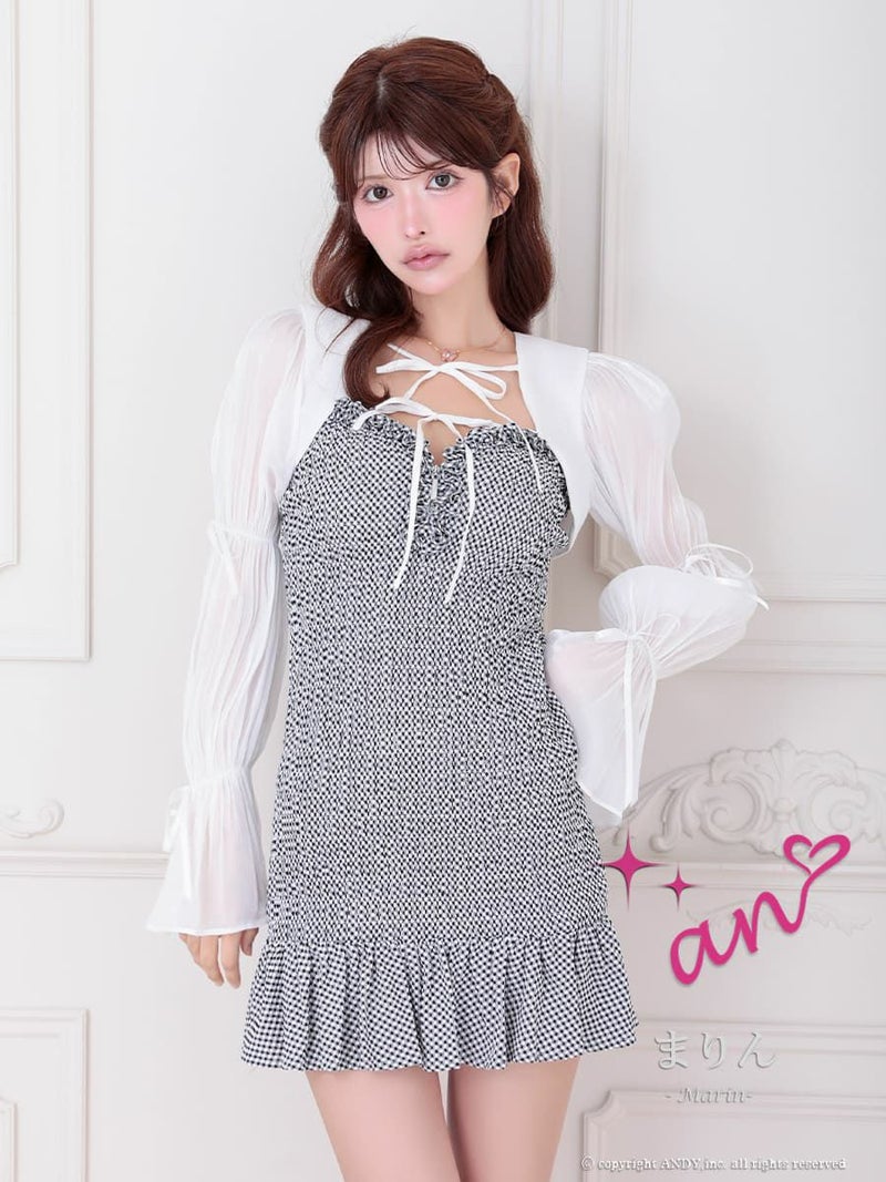 キャバドレス an アン 高級 キャミソール 2way ボレロ 長袖 ジップ ギンガムチェック フリル リボン タイト ミニドレス