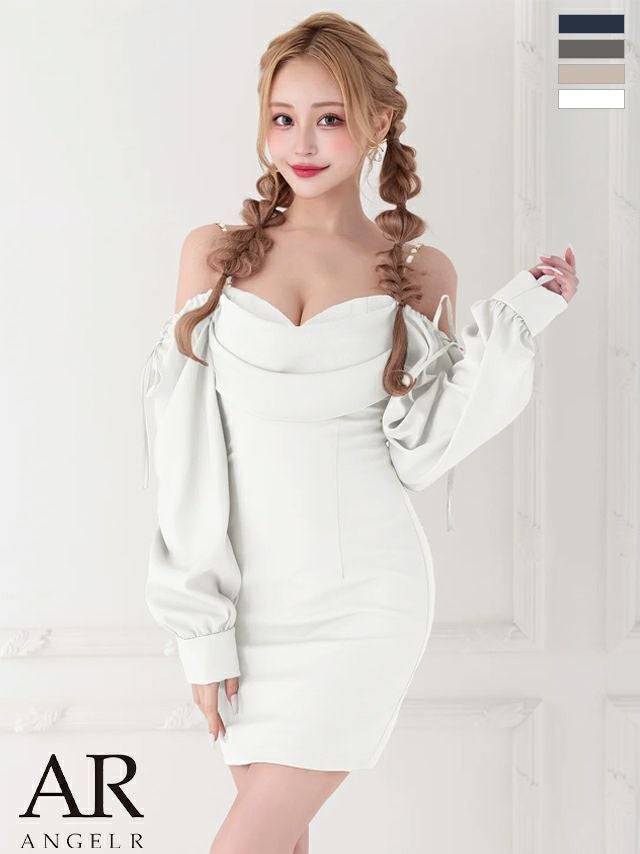 キャバドレス ミニドレス Angel-R エンジェルアール 高級 肩あき 長袖 リボン ショルダーチェーン バストドレープデザイン タイトミニドレス