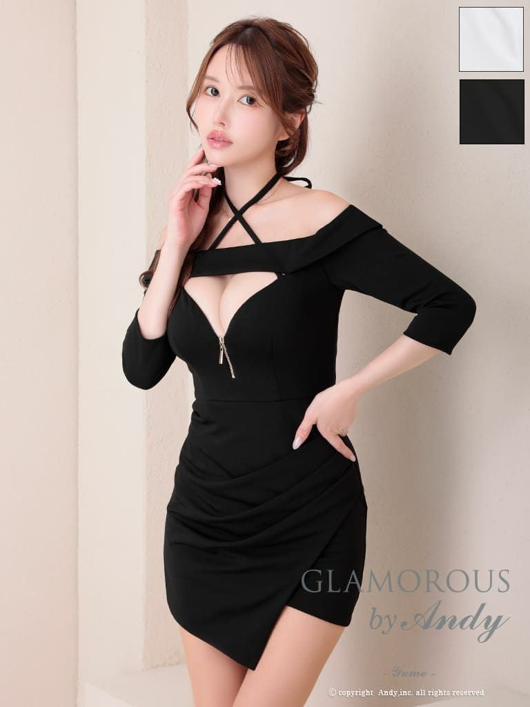 キャバドレス AndyGLAMOROUS アンディグラマラス 高級 オフショルダー 袖あり ワンカラー バストカット ジップ スリット タイト ミニドレス