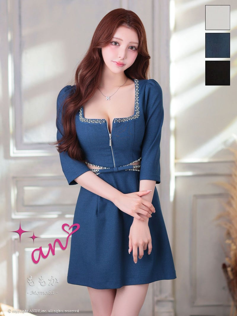 キャバドレス an アン 高級 袖あり ジップ くびれ ビジュー フレア ミニ キャバドレス