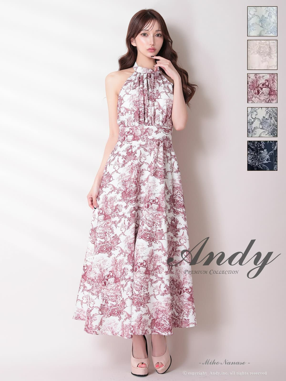 キャバドレス Andy アンディ 高級 ノースリーブ ハイネック トワルドジュイ ウエストマーク ポケット フレア ミニドレス