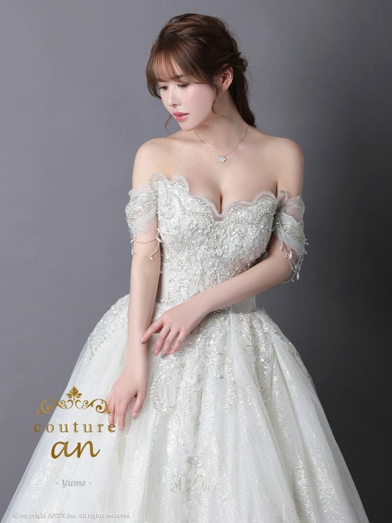 キャバドレス couture an クチュール アン 高級 オフショルダー ビジュー 刺繍 レース チュール バースデー フレア ロング キャバドレス