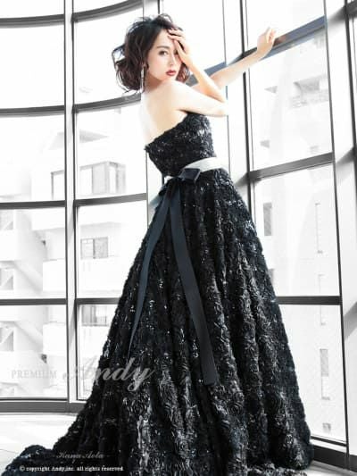 キャバドレス PREMIUM Andy プレミアムアンディ 高級 ノースリーブ 立体フラワー 薔薇 ワンカラー ウエストリボン バースデー フレア ロングドレス