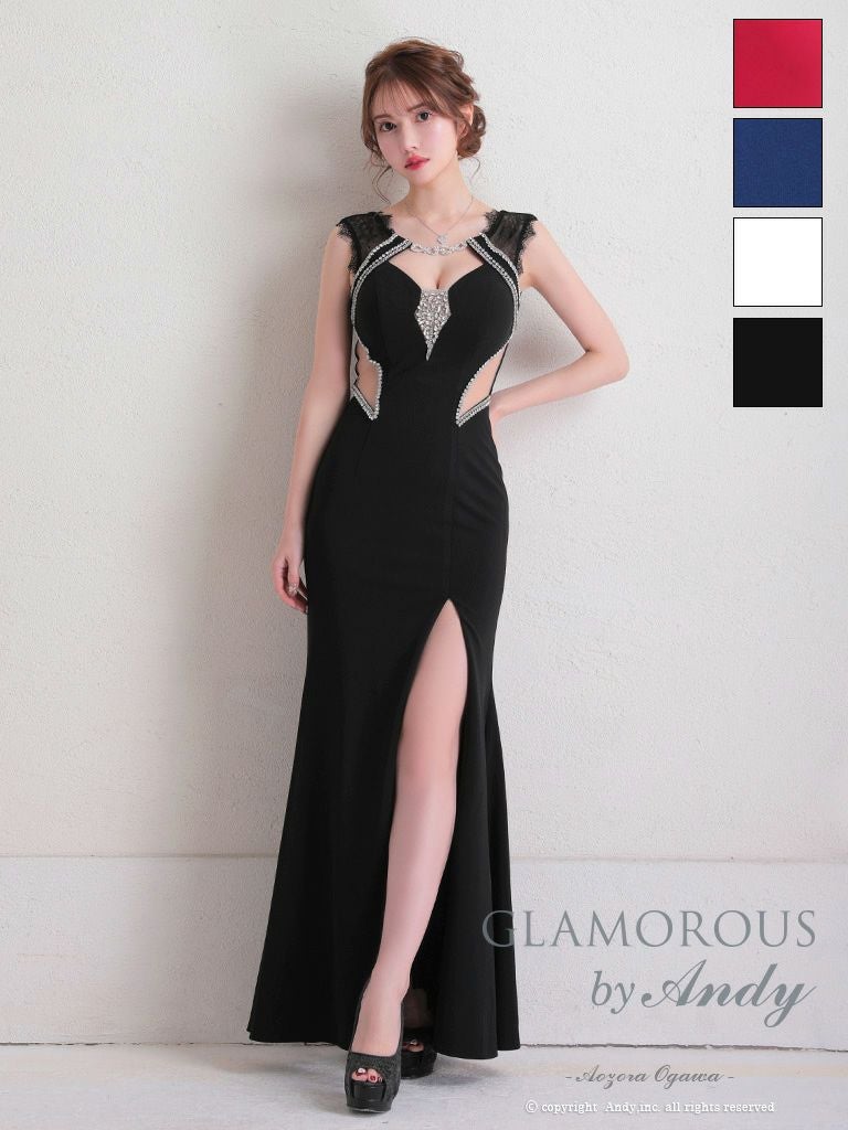 キャバドレス AndyGLAMOROUS アンディグラマラス　高級 ブランド タイトロングドレス 谷間 レース 大人 スリット くびれ透け ビジュー バストカット