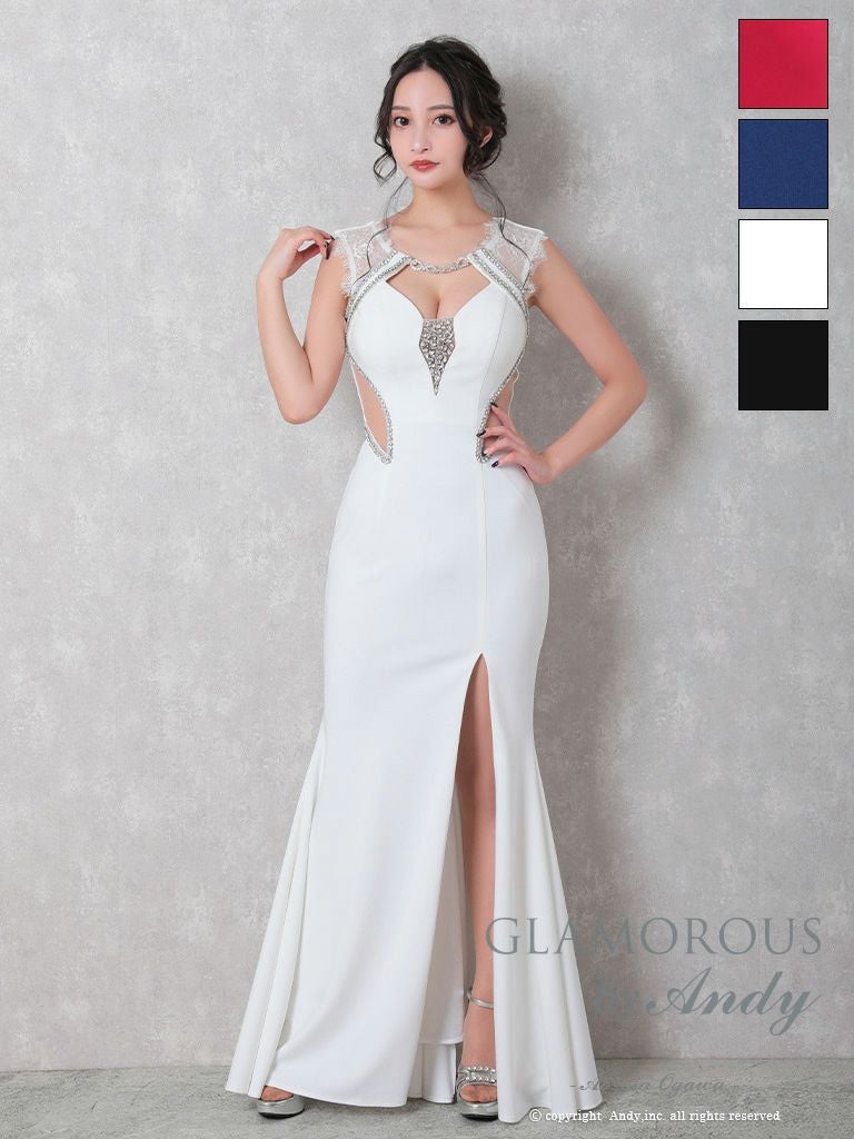 キャバドレス AndyGLAMOROUS アンディグラマラス　高級 ブランド タイトロングドレス 谷間 レース 大人 スリット くびれ透け ビジュー バストカット