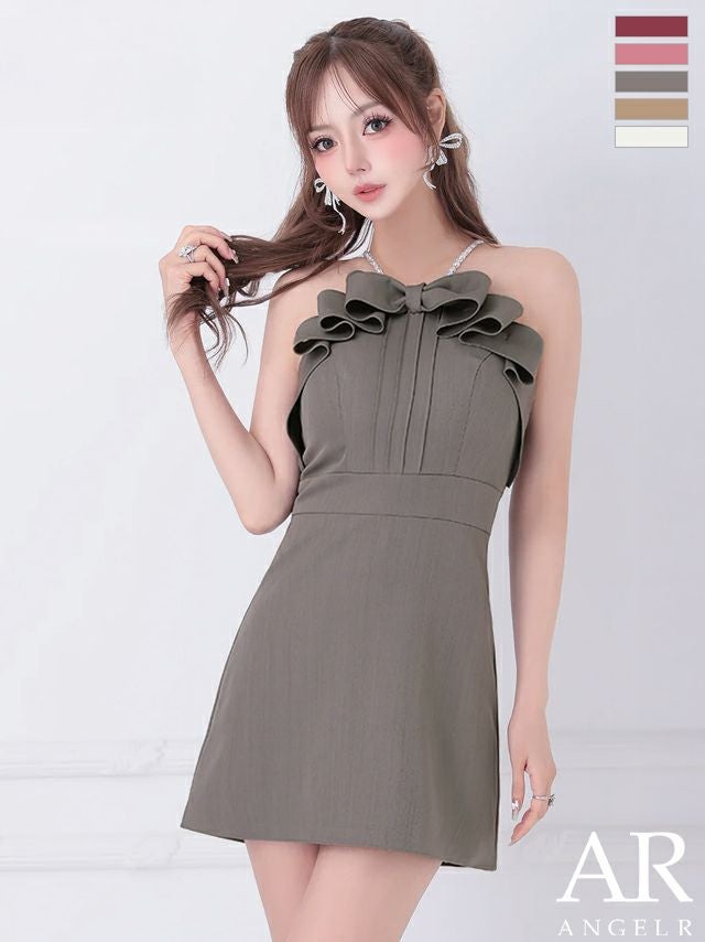 キャバドレス ミニドレス Angel-R エンジェルアール 高級 キャミソール フリルリボン パールショルダー ワンカラー フレアミニドレス