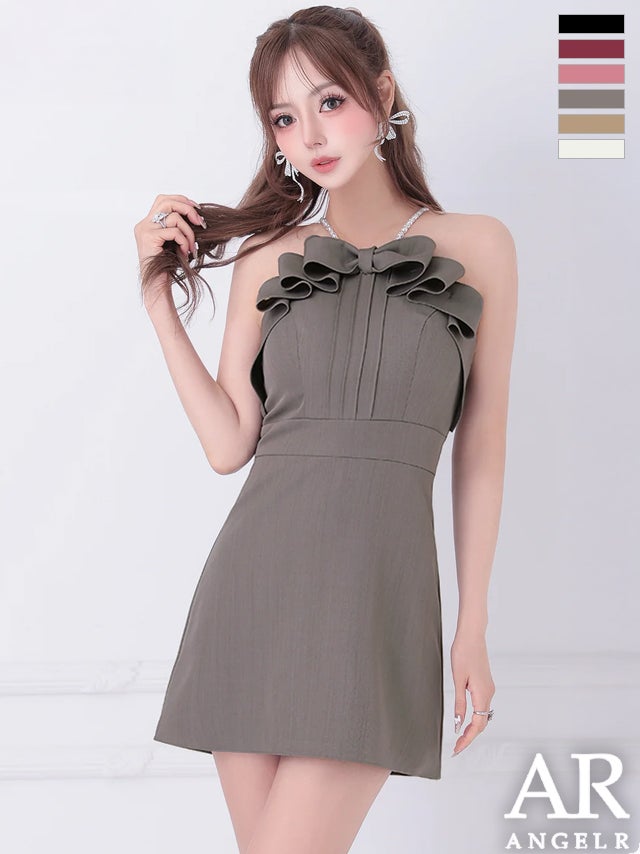 キャバドレス ミニドレス Angel-R エンジェルアール 高級 ブランド Aラインミニドレス キャミソール フリルリボン パールショルダー ワンカラー