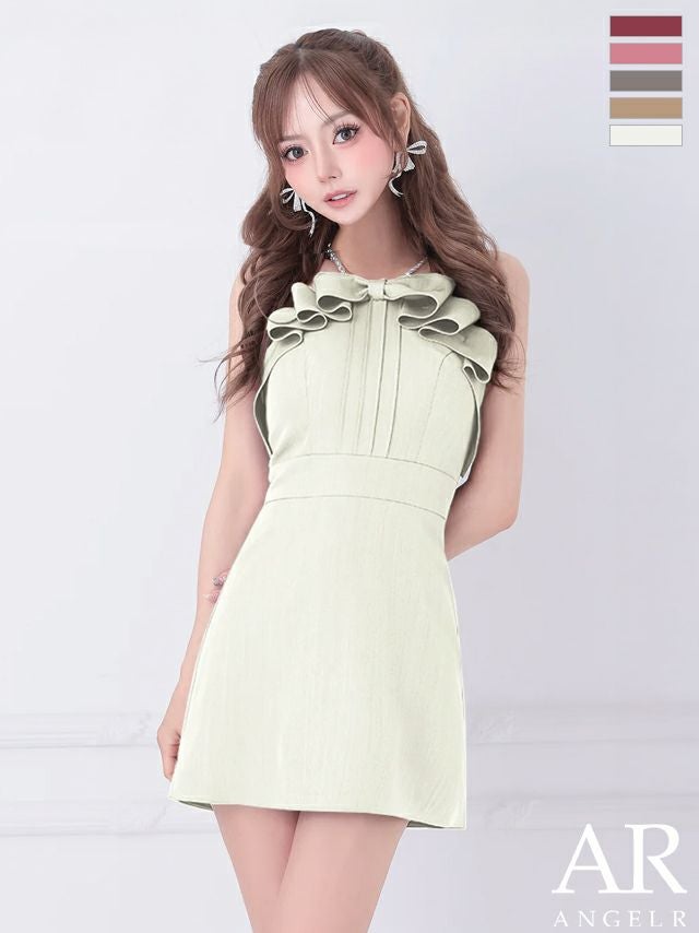 キャバドレス ミニドレス Angel-R エンジェルアール 高級 キャミソール フリルリボン パールショルダー ワンカラー フレアミニドレス