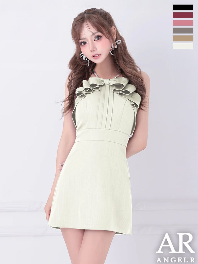 キャバドレス ミニドレス Angel-R エンジェルアール 高級 ブランド Aラインミニドレス キャミソール フリルリボン パールショルダー ワンカラー
