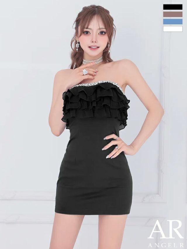 キャバドレス ミニドレス Angel-R エンジェルアール 高級 ベアトップ フリル ビジューライン ワンカラー タイトミニドレス