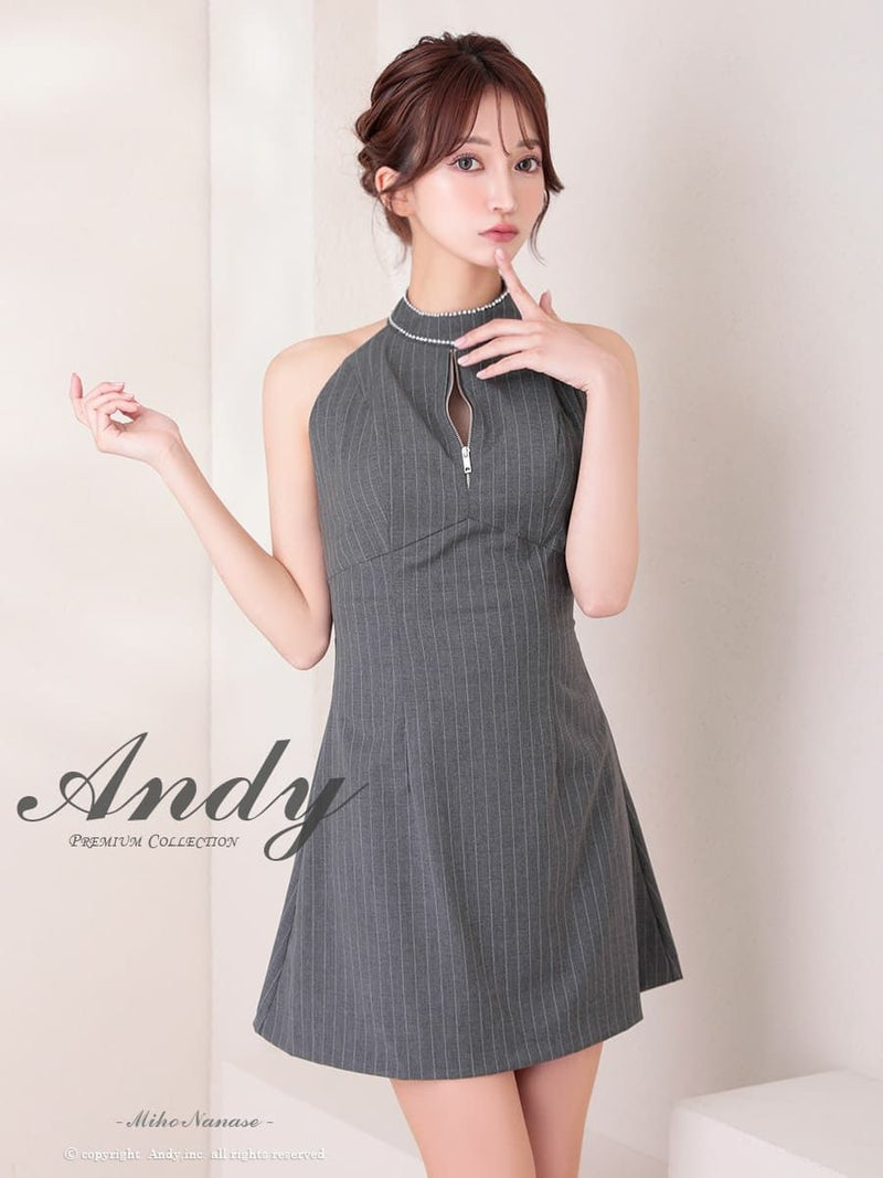 キャバドレス Andy アンディ 高級 ホルターネック バックリボン ストライプ ジップ ビジュー フレア ミニキャバドレス