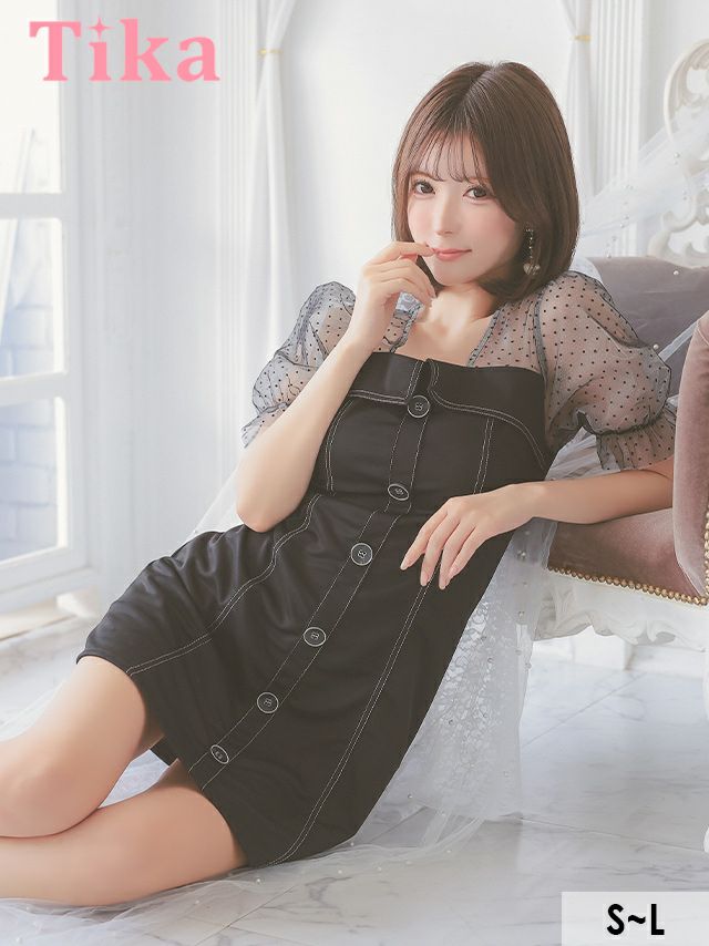  半袖 シアードット柄 パフスリーブ フロントボタンデザイン 胸元カバー フレアミニドレス (Sサイズ～Lサイズ) (聖菜/キャバドレス着用)