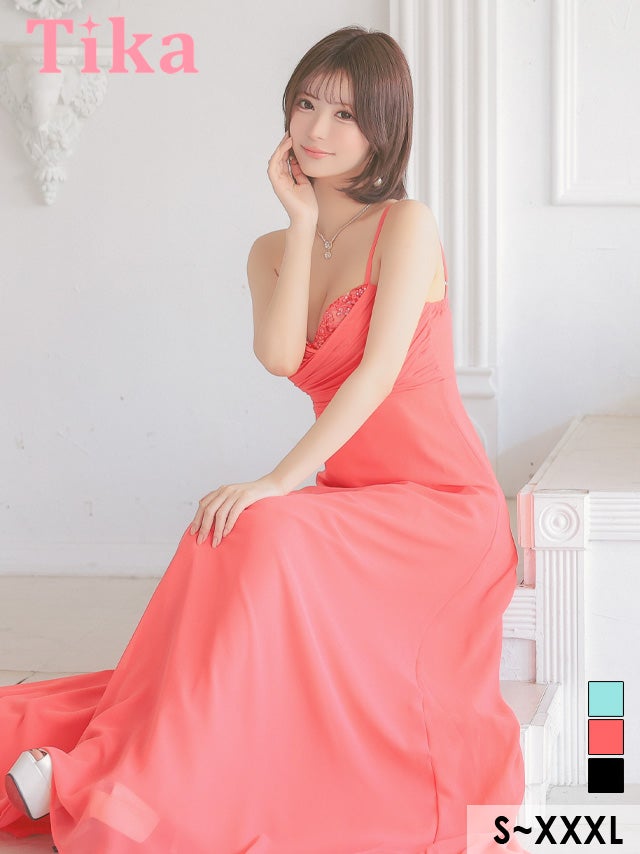  ロングドレス キャミソール ハートカット ギャザー シフォン オレンジ Aライン キャバドレス (Sサイズ～XXXLサイズ) (聖菜着用) [tk-ld250324-hb]