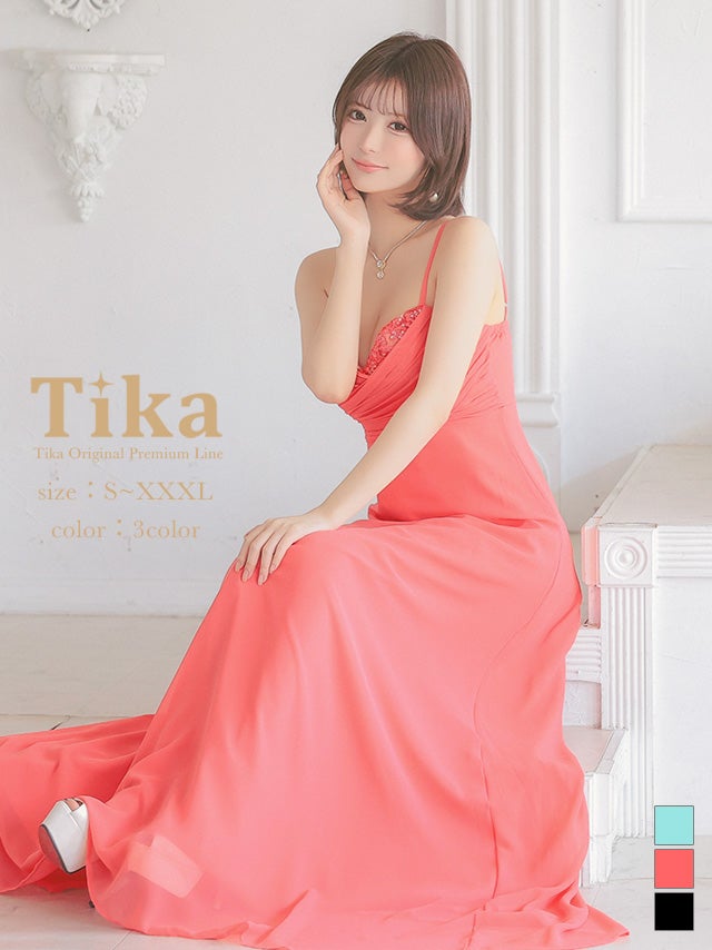 ロングドレス キャミソール ハートカット ギャザー シフォン オレンジ Aライン キャバドレス (Sサイズ～XXXLサイズ) (聖菜着用) [tk-ld250324-hb]