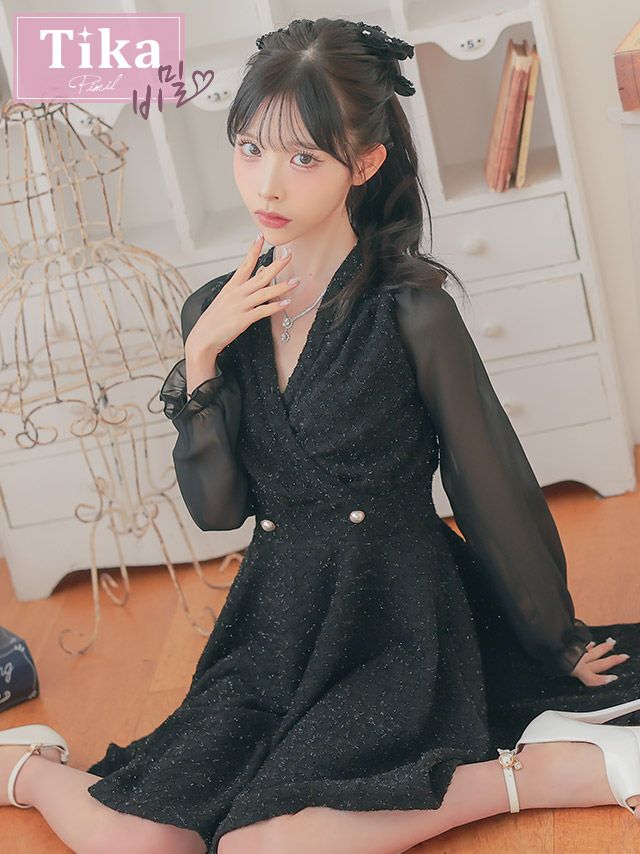 メイン画像 キャバドレス 韓国 長袖 袖あり シアー襟付き パフスリーブ カシュクール ウエストパール フレアミニドレス (Mサイズ) (緩苺/キャバドレス着用) [tk-mdkjo001a]