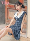 メイン画像 キャバドレス 韓国 ワンピース 襟付き ノースリーブ フリル袖 チェック柄 胸元カバー Aライン キャバドレス (緩苺着用) [tk-mdk5106]