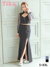 ロングドレス セットアップ 襟付き 袖あり 長袖 バストカット ジップ 谷間見せ ワンカラー ストレッチ スリット XXL 大きいサイズ 黒 ブラック タイト キャバドレス (EGASARI着用) [tk-lds213785-2a]
