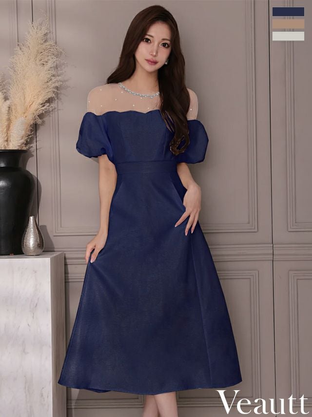 キャバドレス ロングドレス Veautt/ヴュート 高級 半袖 パフスリーブ シアー ビジュー ワンカラー ポケット付き Aラインロングドレス