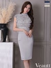 キャバドレス 膝丈ドレス Veautt/ヴュート 高級 ノースリーブ レース フリル ハイネック ビジュー タイト膝丈ドレス