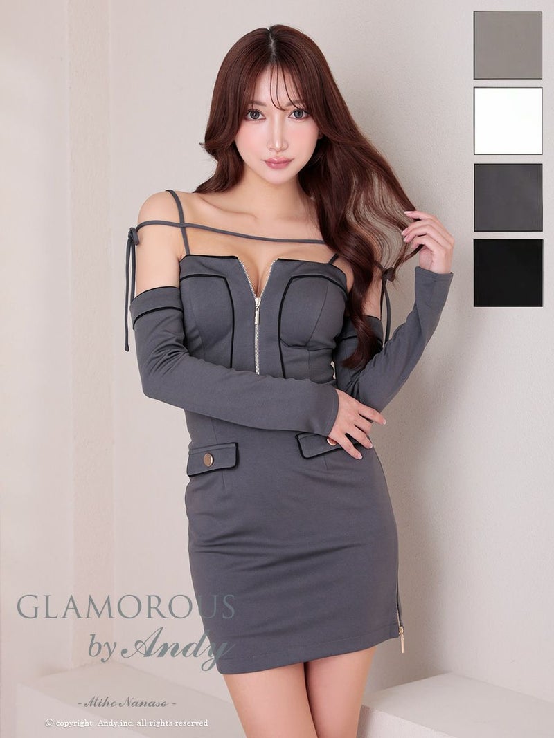 キャバドレス AndyGLAMOROUS アンディグラマラス　高級 長袖 袖あり 肩あき ジップ ポケット風 ゴールドボタン タイトミニドレス