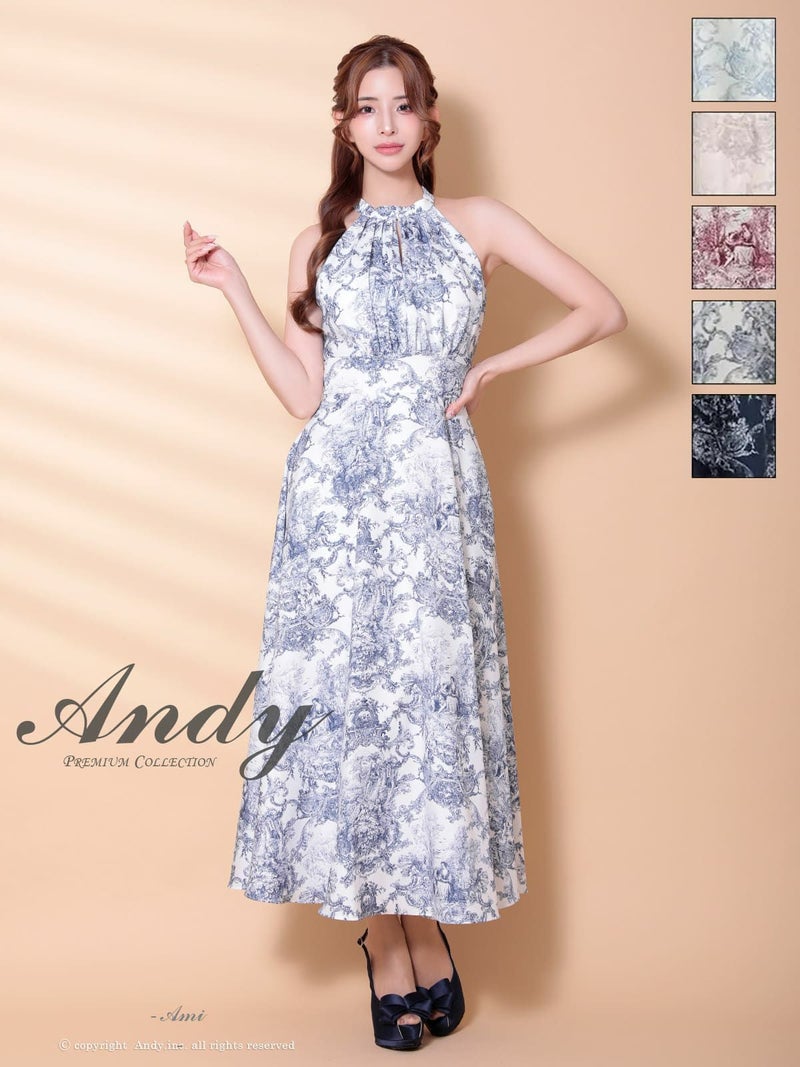 キャバドレス Andy アンディ 高級 ノースリーブ ハイネック トワルドジュイ ウエストマーク ポケット フレア ミニドレス