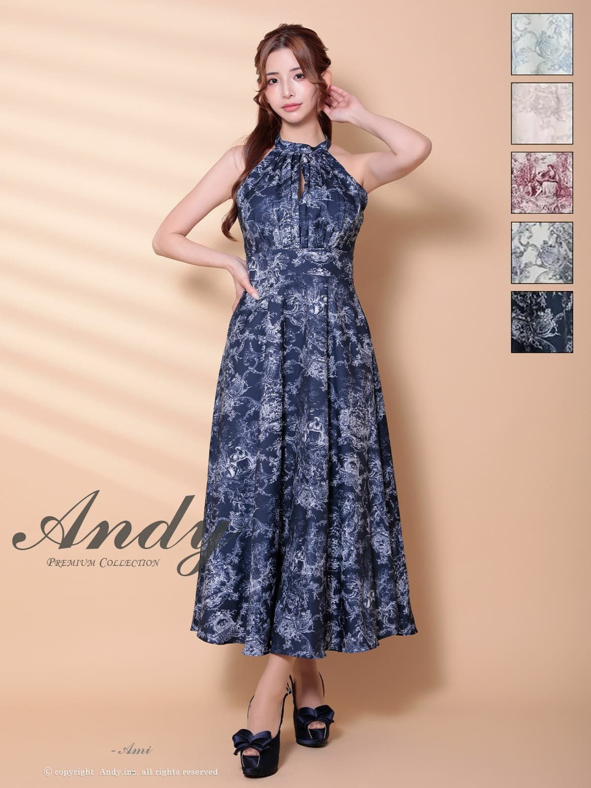 キャバドレス Andy アンディ 高級 ノースリーブ ハイネック トワルドジュイ ウエストマーク ポケット フレア ミニドレス