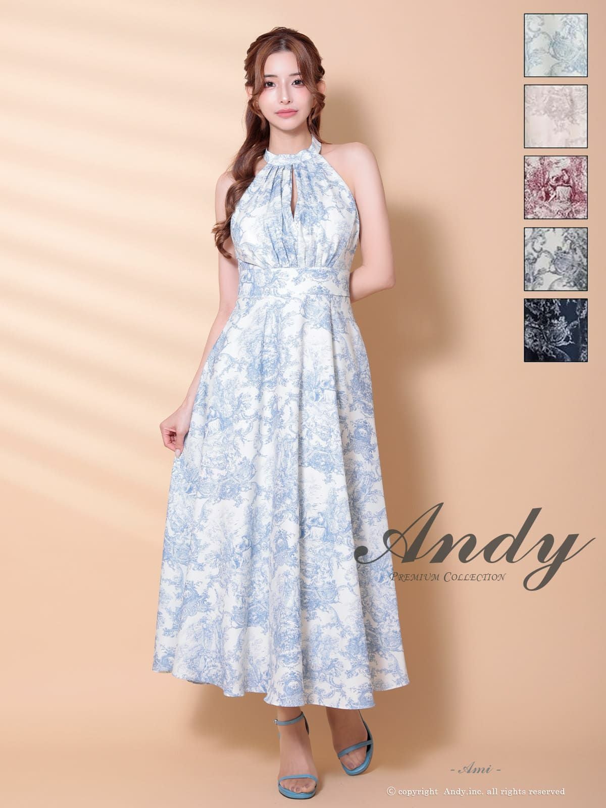 キャバドレス Andy アンディ 高級 ノースリーブ ハイネック トワルドジュイ ウエストマーク ポケット フレア ミニドレス