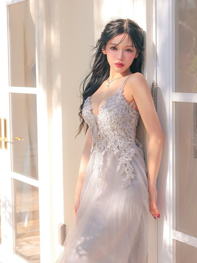 ロングドレスバースデー キャミソールビジュー3Dフラワー刺繍レース　Tika ロングドレス バースデー キャミソール ビジュー 3Dフラワー刺繍レース