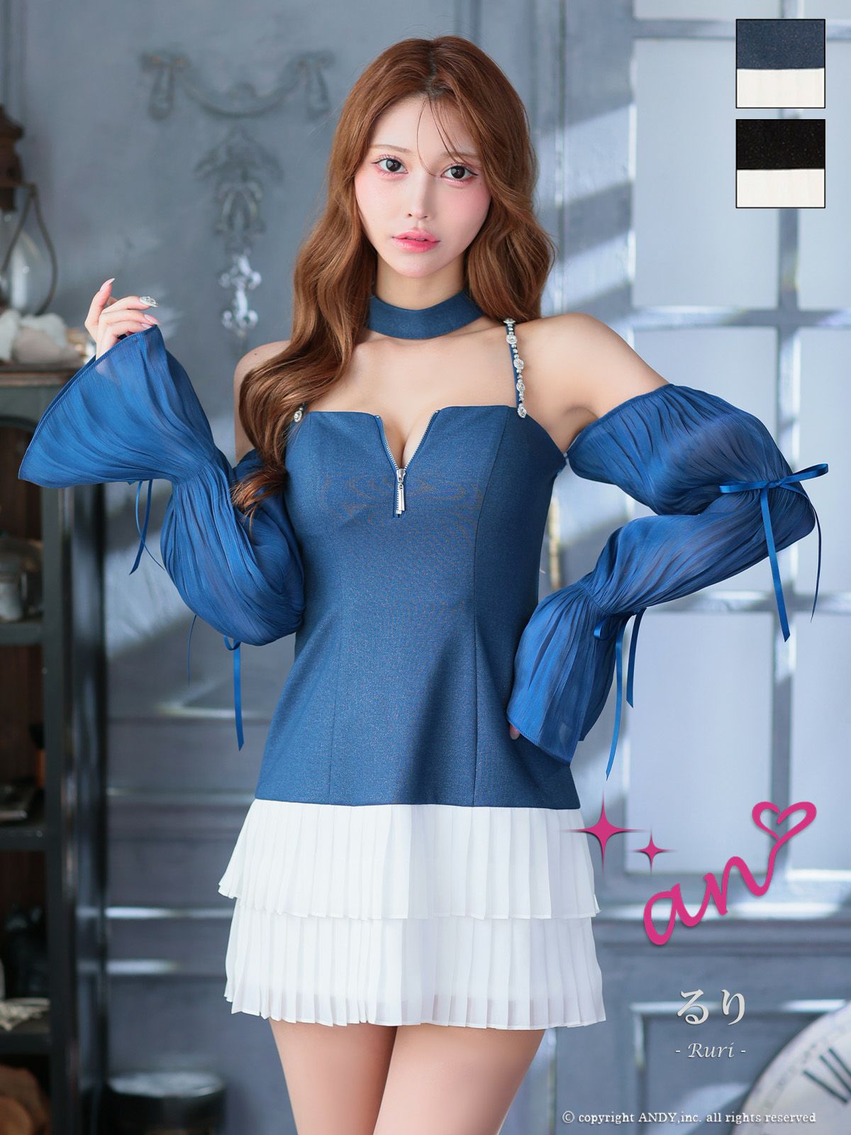 キャバドレス an アン 高級 キャミソール 2way 袖取り外し可能 フロントジップ ビジュー プリーツ チョーカー フレア ミニドレス