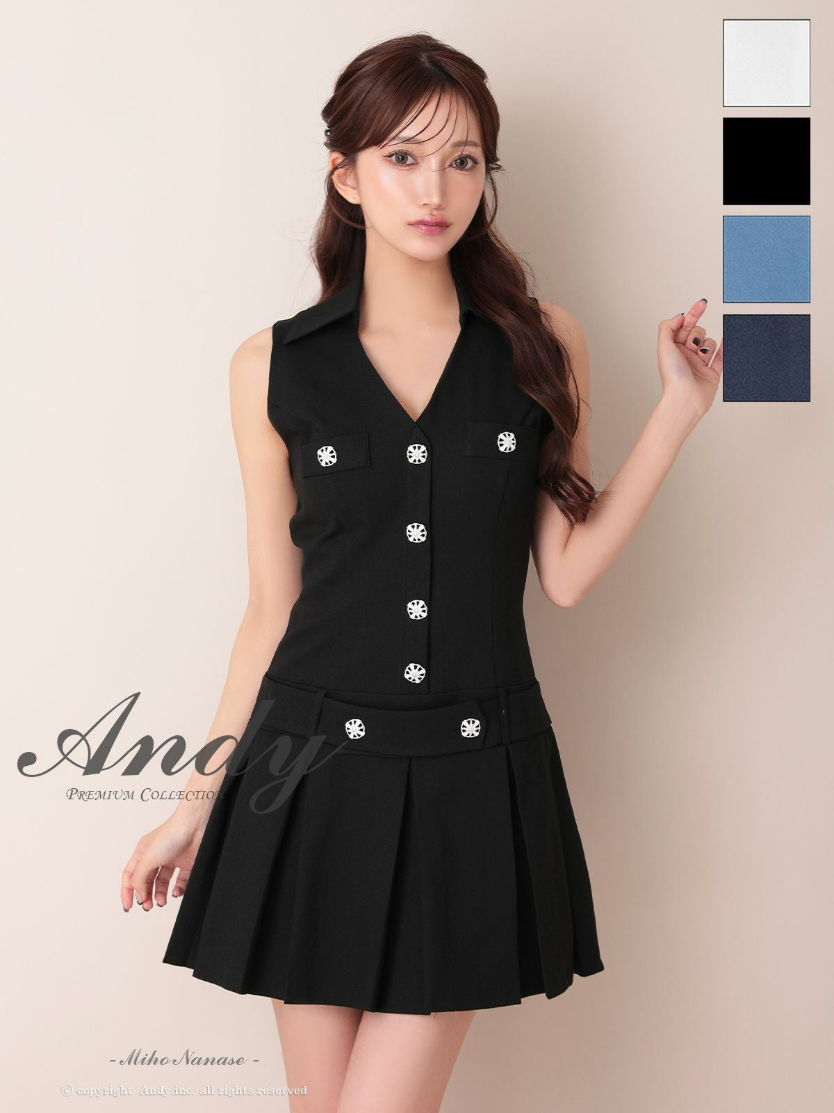 キャバドレス Andy アンディ　高級 ブランド ワンピース フレアミニドレス シンプル ノースリーブ ウエストベルト 襟付き プリーツスカート ビジューボタン