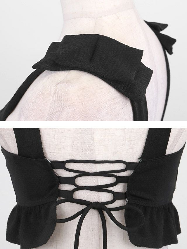 水着 ショルダーリボンビスチェ×ハイウエストフレアフリルスカート体型カバー韓国風タンキニ