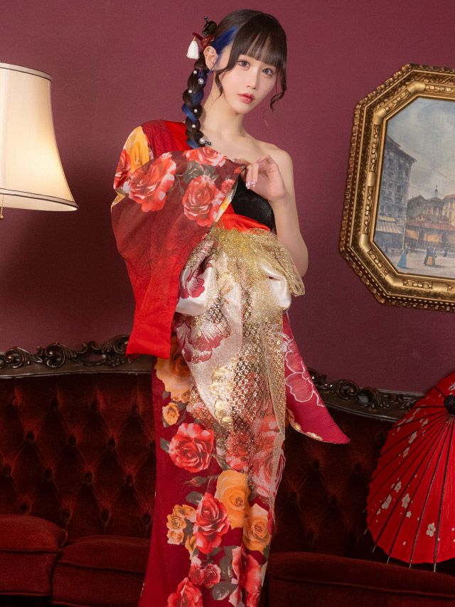 コスプレ] 花魁 セクシー ワンショル スリット ローズ 和装ドレス 3点