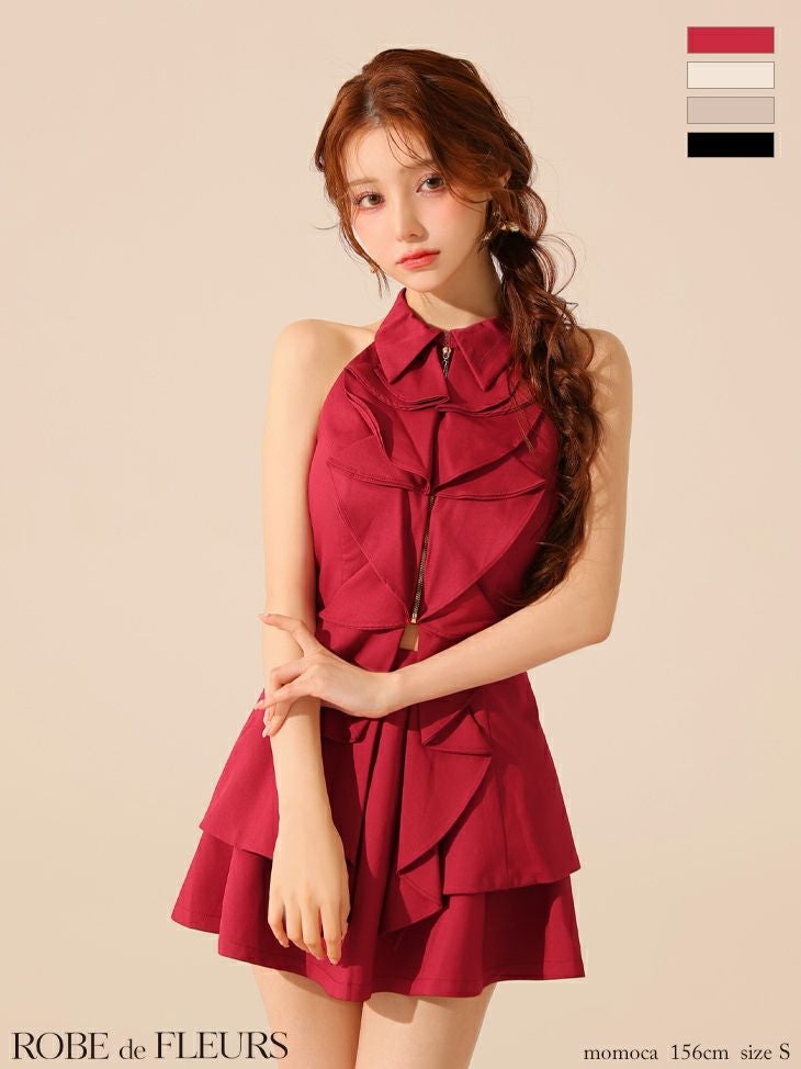 キャバドレス ミニドレス ROBEdeFLEフルール　高級 フレアミニドレス セットアップ 背中魅せ ホルターネック 襟付き ジップ フリル