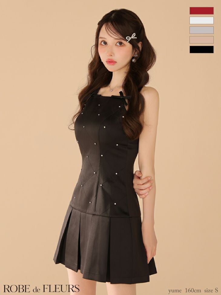 キャバドレス ミニドレス ROBEdeFLEURS ローブドフルール　ワンピース 高級 ブランド フレアミニドレス キャミソール プリーツ リボン ビジュー サテン