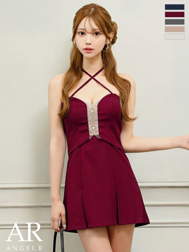 キャバドレス ミニドレス Angel-R エンジェルアール 高級 ブランド フレアミニドレス 谷間 ホルターネック ネックリボン ベアトップ 2way プリーツスカート ビジュー