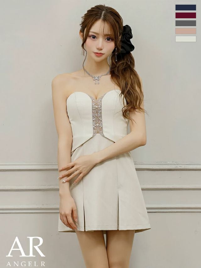 キャバドレス ミニドレス Angel-R エンジェルアール 高級 ブランド フレアミニドレス 谷間 ホルターネック ネックリボン ベアトップ 2way プリーツスカート ビジュー